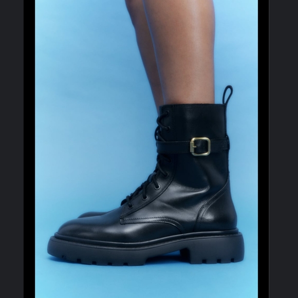 New Zara laced up leather ankle boots with buckle chunky sole - Picture 3 of 10